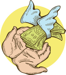 Big dollars banknotes money in your hands. Finance business, commerce, payment economy  theme for poster print, vector elements. Take or give loan. Hand drawn illustration. Cartoon style drawing.