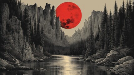 a painting of a river with a red moon in the sky and a forest on the other side of the river.