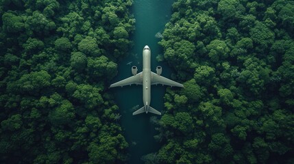 an aerial view of an airplane flying over a river in the middle of a forest with a river running through it.
