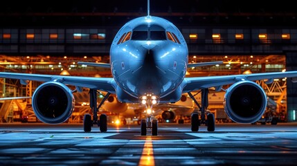 a large jetliner sitting on top of a tarmac next to an airport tarmac with lights on it. - obrazy, fototapety, plakaty