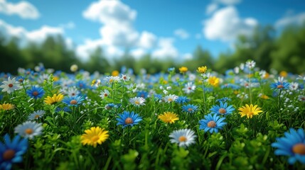 a field full of blue, yellow, and white flowers under a blue sky with some clouds in the background.