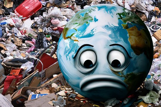 The image shows the Earth with a sad expression surrounded by garbage, a metaphor for earth's pollution