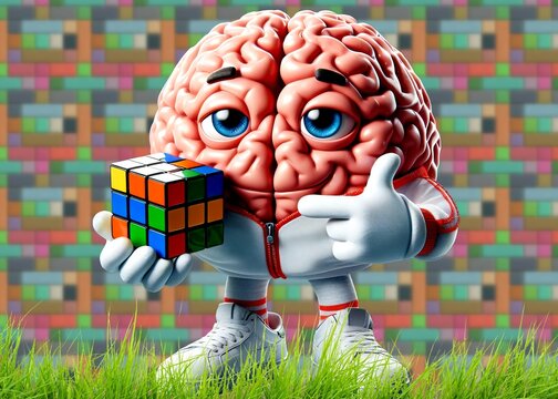Train your brain, a metaphorical image where a brain trains with a Rubrik's cube