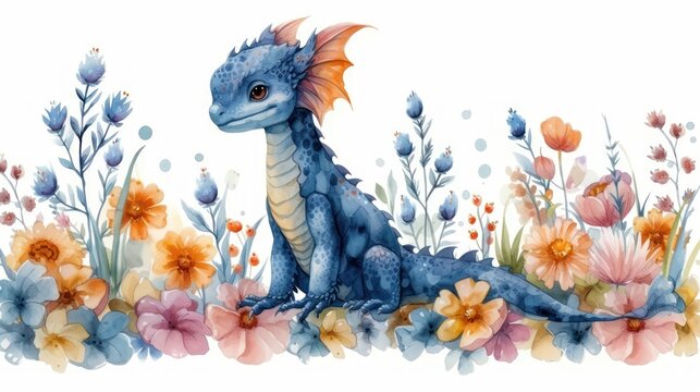 a watercolor painting of a blue dragon sitting in a field of flowers and daisies with a white background.