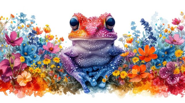 a watercolor painting of a frog sitting in a field of wildflowers and daisies on a white background.