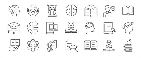 Knowledge simple minimal thin line icons. Related cognition, efficiency, genius, idea. Editable stroke. Vector illustration.
