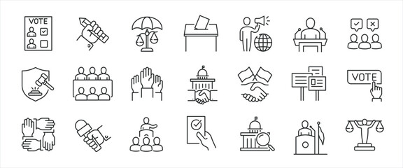 Democracy simple minimal thin line icons. Related election,campaign, polling, political. Editable stroke. Vector illustration.
