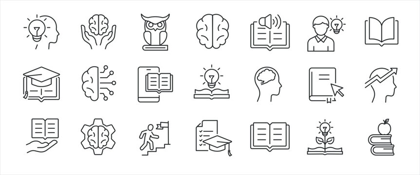 Knowledge simple minimal thin line icons. Related cognition, efficiency, genius, idea. Editable stroke. Vector illustration.

