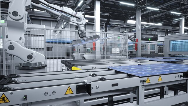 High tech robot arms placing solar panels on large production line in modern sustainable factory. Photovoltaics being assembled on conveyor belts inside manufacturing facility, 3D illustration