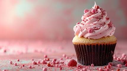 a cupcake with pink frosting and sprinkles on a pink and blue tablecloth with a pink background.