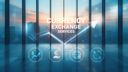 Currency exchange services concept in modern cityscape.