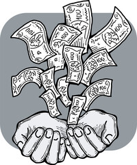 Big dollars banknotes money in your hands. Finance business, commerce, payment economy  theme for poster print, vector elements. Take or give loan. Hand drawn illustration. Cartoon style drawing.