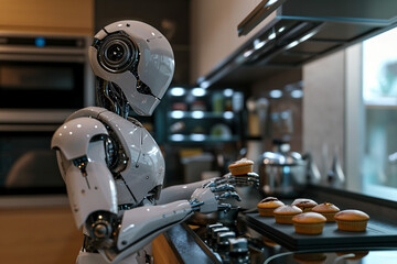 robot  in the kitchen, making food, blurred background. Artificial intelect in future life. AI Generated	
