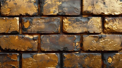a close up of a brick wall that has been painted gold and has been chipped with a bit of paint.