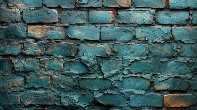 a close up of a brick wall that has been painted teal green and has rusted paint on it.
