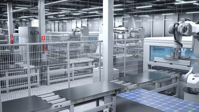 Solar panels being moved on conveyor belts during high tech production process in clean energy factory, 3D render. PV cells used to produce alternative electricity being placed on assembly lines