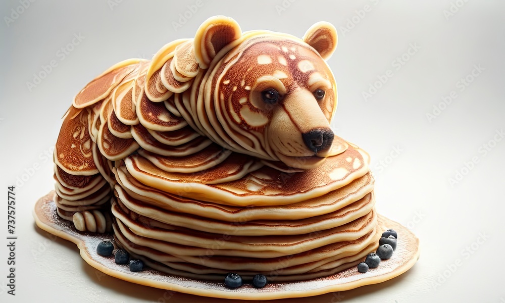 Wall mural bear sculpture with made of pancakes, banner, poster for pancake restaurant, in the kitchen room, postcards, pancake day. Generative AI