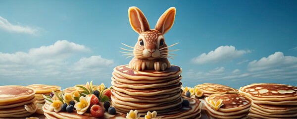 Easter bunny pancake statue made it from pancakes with spring flowers on sky background Banner, poster for pancake restaurant, kitchen room, postcards, pancake day. Generative AI - obrazy, fototapety, plakaty