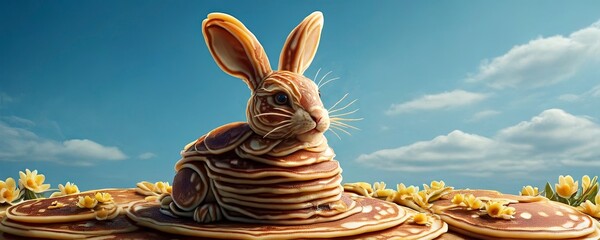 Easter bunny pancake statue made it from pancakes with spring flowers on sky background Banner,...