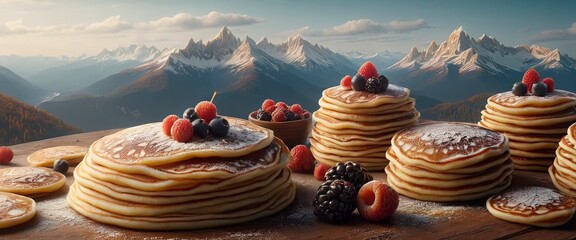 Stack of raspberry and maple pancakes, mountains landscape, travel with pancakes, Bannrer, poster...