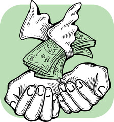 Big dollars banknotes money in your hands. Finance business, commerce, payment economy  theme for poster print, vector elements. Take or give loan. Hand drawn illustration. Cartoon style drawing.