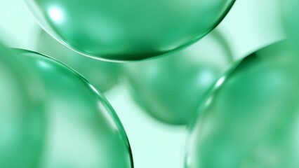 Liquid green oil bubbles macro close up. Abstract cosmetic 3D illustration background of fluid circles. Beauty care concept of decorative antioxidant peptide soap spheres in light water background