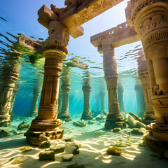 ruins Construction with columns of lost Atlantida world under ocean water. Lost ancient civilization. Ai generated - obrazy, fototapety, plakaty