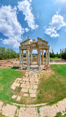 Aerial view of the ancient monumental gateway or tetrapylon, in Aphrodisias UNESCO archaeological...