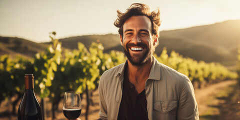 Portrait of a handsome young man tasting red wine in vineyard