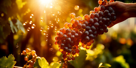 Grapes in vineyard in sunset light. Selective focus