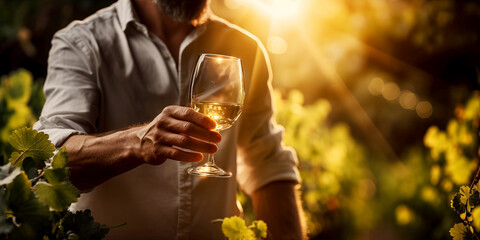 Man tasting white wine in vineyard on sunny day, closeup