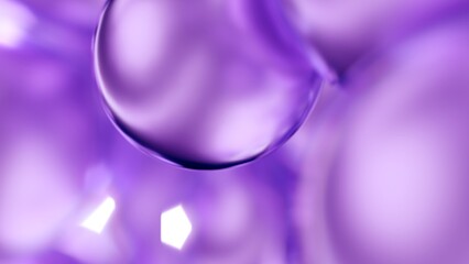 Purple cosmetic serum liquid bubbles macro close-up background. Concept moisturizer essence gel and collagen fluid bubble molecules. Glossy oil droplets 3D illustration product demo backdrop wallpaper