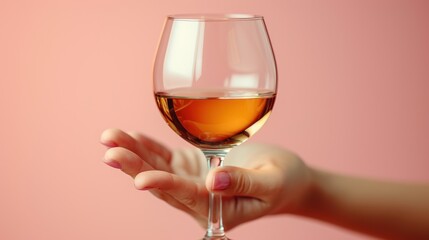 a woman's hand holding a glass of wine in front of a pink background with a half empty wine glass in the foreground.