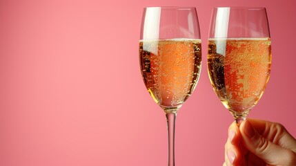 two glasses of champagne being held in front of a pink background with a hand holding a wine glass in the foreground.