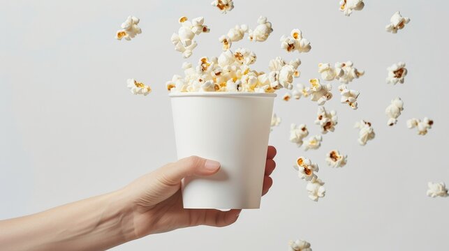 hand holding a plain white popcorn bucket isolated on white background