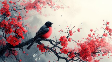 a red and black bird sitting on a branch of a tree with red flowers in the foreground and a foggy sky in the background. - obrazy, fototapety, plakaty