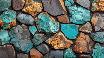a close up of a bunch of rocks with blue and brown rocks on top of one another and a brown rock on the other side of the rocks.