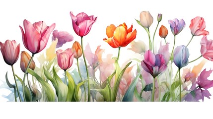 on white background , a banner, tulip spring flowers design, intricate, realistic, Glaze, 3-Dimensional, 4k, Infused, LED, Supplementary-Colors, polished watercolor