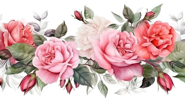 on white background , a banner, rose spring flowers design, intricate, realistic, Glaze, 3-Dimensional, 8k, Infused, LED, Supplementary-Colors, polished watercolor