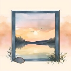 on subtle background, a blank frame with sunset lakeside wedding design, romantic detailed, serene, realistic, Glaze, 3-Dimensional, 4K, Infused, LED, Supplementary-Colors, polished watercolor weddig