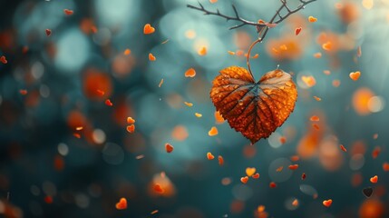 a heart shaped leaf hanging from a tree branch with autumn leaves blowing in the wind in a blurry background. - obrazy, fototapety, plakaty