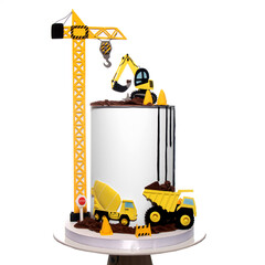 Birthday cake with constructions site decor, cars, crane and excavator
