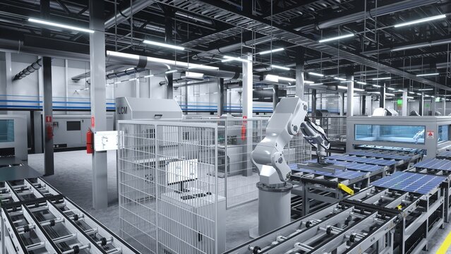 Solar panel logistics factory with robotic arms placing photovoltaic modules on conveyor belts, 3D render. High tech modern manufacturing warehouse producing solar cells for energy industry - Powered by Adobe