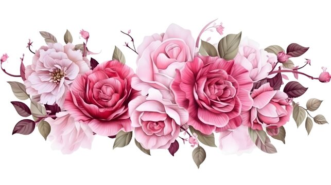 on white background , a banner, rose spring flowers design, intricate, realistic, Glaze, 3-Dimensional, ultra HD, Infused, LED, Supplementary-Colors, polished watercolor