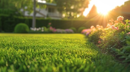Beautiful backyard with a lawn and beautiful flowers in a majestic sunset in high resolution and high quality. green meadows concept, ecological patios with real flowers - obrazy, fototapety, plakaty