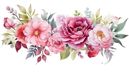 on white background , a banner, rose spring flowers design, intricate, realistic, Glaze,...