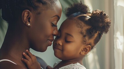 Affectionate African American mother with her cute little daughter. Touching face to face, bonding together, happy mother, enjoying tender moment connection.
