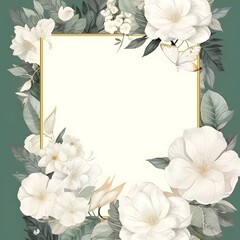 n subtle background, a blank frame with botanical garden wedding design, romantic detailed, gardenia, beautiful, realistic, small butterfly, Glaze, 3-Dimensional, 4K, Infused, LED, Supplementary-Colr