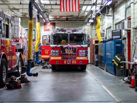 Philadelphia Pennsylvania - July 23 2021: A Fire Truck in Philadelphia That says Chinatown and has Dragon Inside the Station