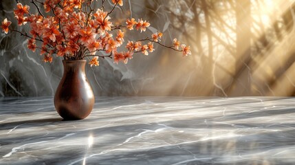 a vase filled with orange flowers on top of a marble counter top with sunlight streaming through the trees in the background.